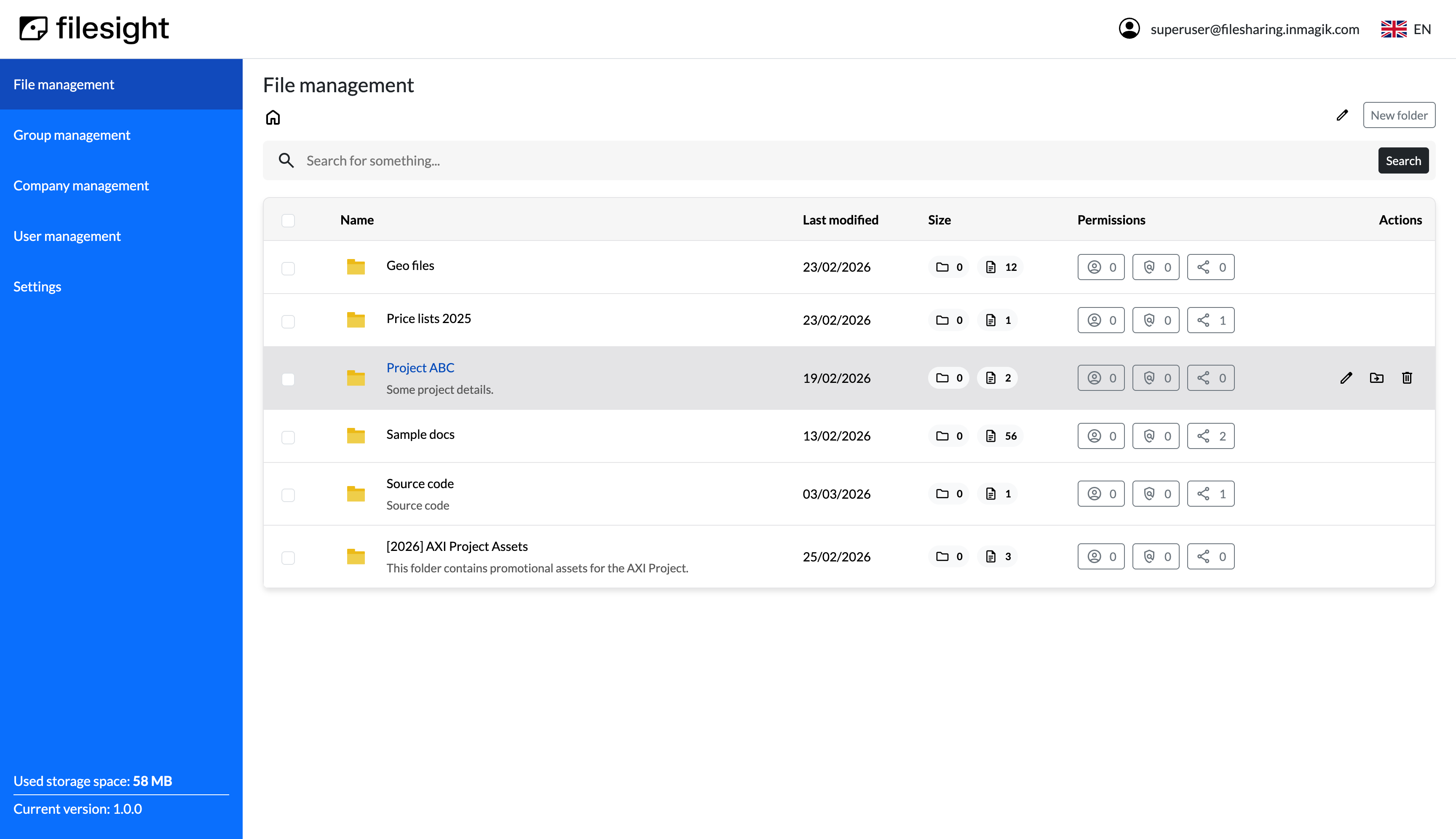 Files and folders list