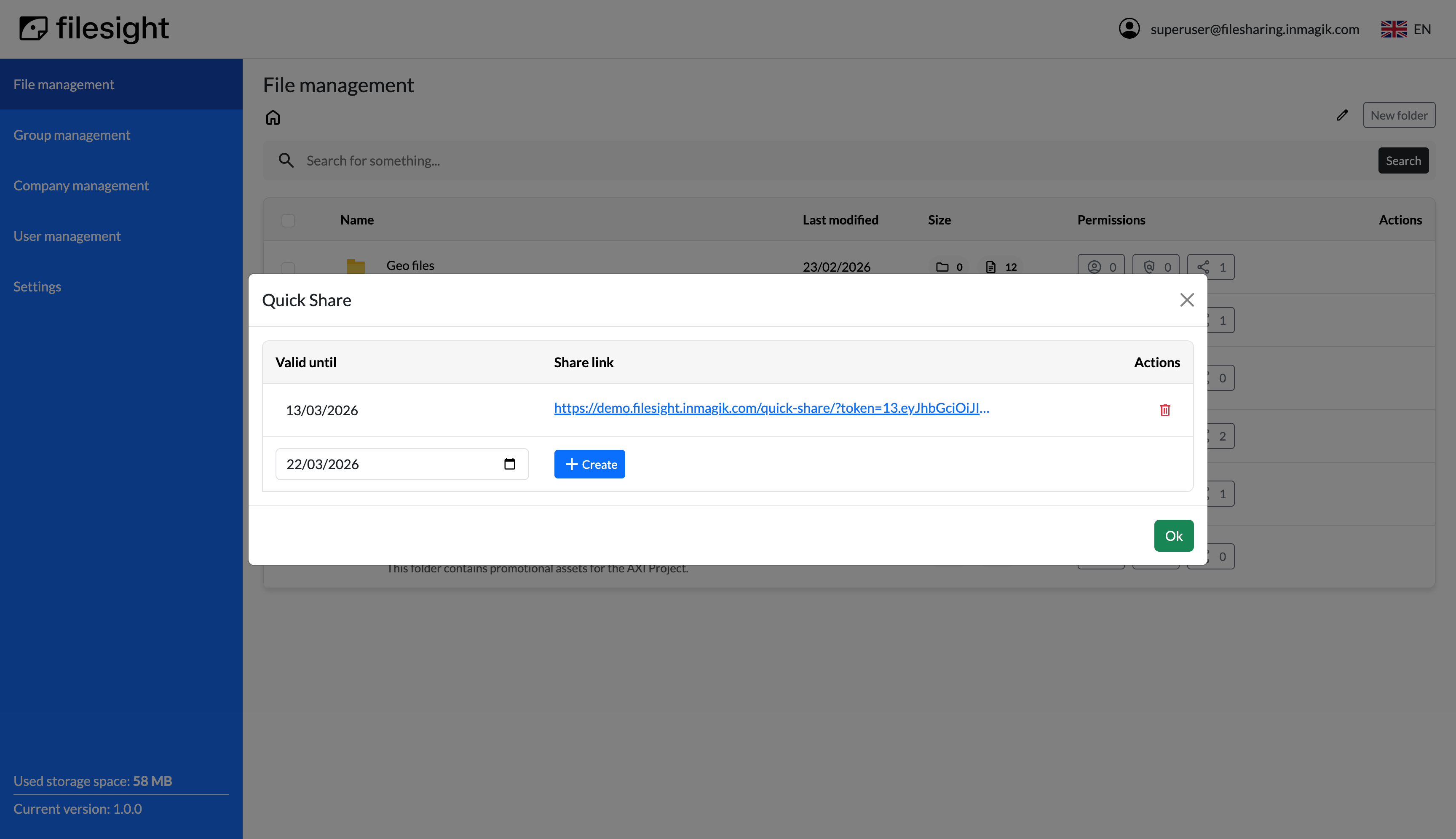 Quick share links modal